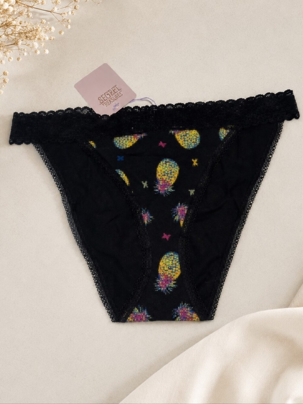 Savage X Fenty Black Pineapple Lace Trim Bikini Underwear XL NWT